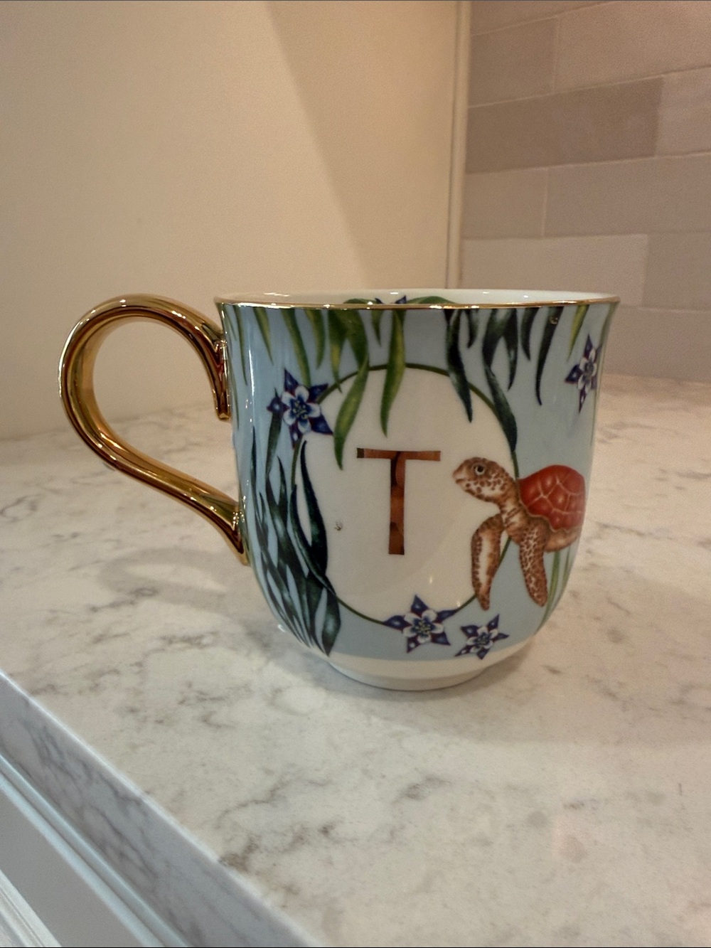 Anthropologie Lou Rota Monogram T Sea Turtle Porcelain Mug with Gold Handle. New
